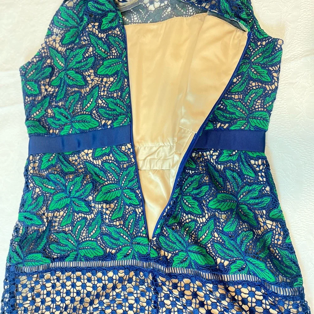 Badgley Mischka Green and Blue Floral Lace Mini Dress Sz.14 NWT - Picture 5 of 6